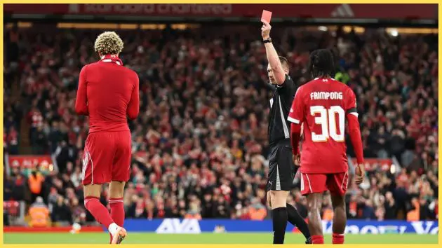 Hugo Ekitike was sent off in Liverpool's Carabao Cup win over Southampton in September