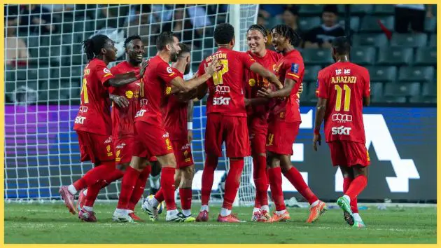 Gaston Alvarez of Al Qadisah (C) celebrates after scoring
