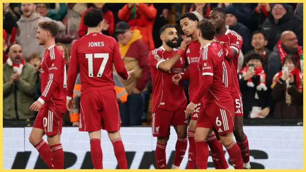 Liverpool players celebrate after Hugo Ekitike scores