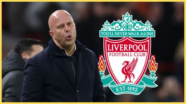 Arne Slot's mouth forms an O next to the Liverpool club crest.