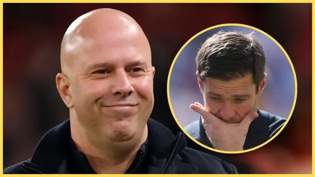 Arne Slot grins as Xabi Alonso looks distraught.