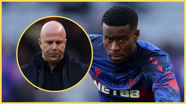 Arne Slot looks upset as Marc Guehi runs on the pitch.