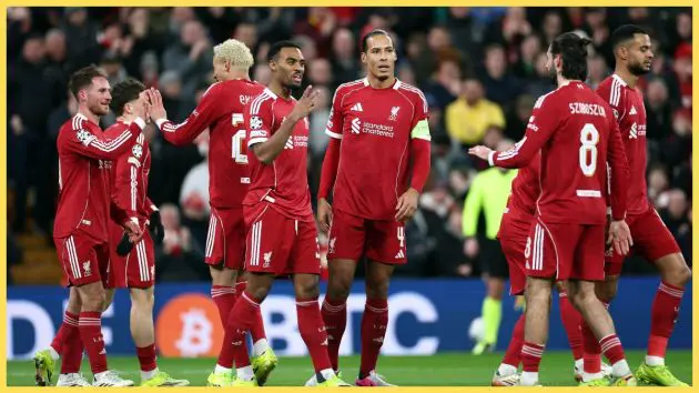 Alexis Mac Allister of Liverpool celebrates with teammates after scoring his team's first goal during the UEFA Champions League 2025/26 League Phase MD8 match between Liverpool FC and Qarabag FK