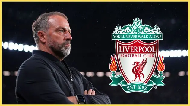 Hansi Flick crosses his arms next to Liverpool club crest.