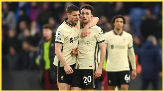 James Milner (L) and Diogo Jota of Liverpool celebrate after victory in the Premier League match between Crystal Palace and Liverpool at Selhurst Park on January 23, 2022