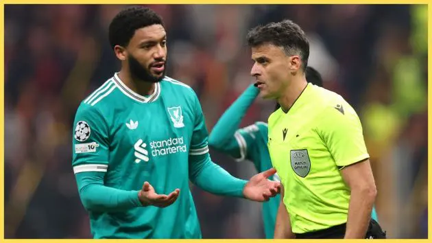 Joe Gomez of Liverpool reacts towards referee Jesus Gil Manzano during the UEFA Champions League 2025/26 Round of 16 First Leg match between Galatasaray SK and Liverpool