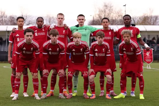 Liverpool under-19s line up for a team photo before a UEFA Youth League game