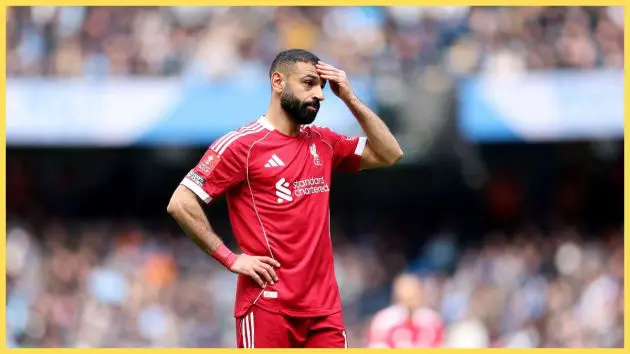 Mohamed Salah of Liverpool reacts during the Emirates FA Cup Quarter Final match between Manchester City and Liverpool at Etihad Stadium