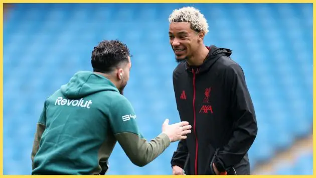 Hugo Ekitike of Liverpool speaks with Rayan Cherki of Manchester City as they inspect the pitch prior to the Emirates FA Cup Quarter Final match between Manchester City and Liverpool
