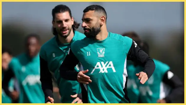 Mohamed Salah of Liverpool trains during a Liverpool FC Training Session at AXA Training Centre