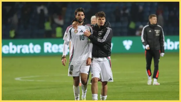 Dominik Szoboszlai and Milos Kerkez of Hungary