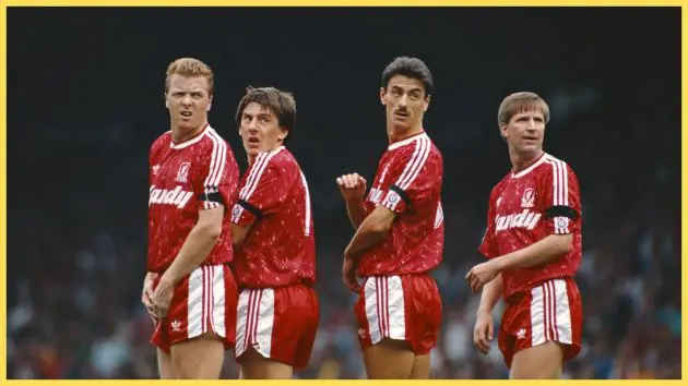Liverpool defensive wall reacts from left to right Steve Nicol; Peter Beardsley; Ian Rush; Ronnie Whelan during the First Division match between Liverpool and Manchester United at Anfield