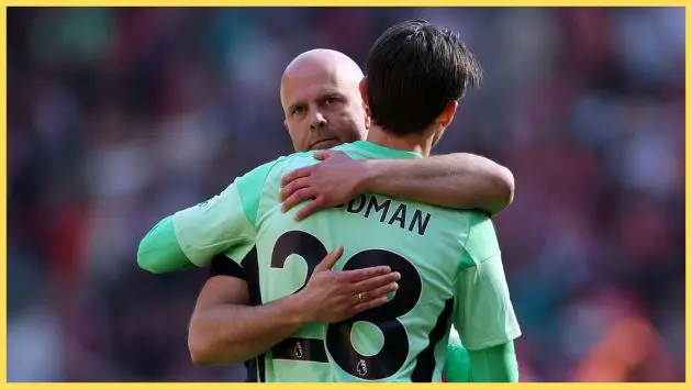 Arne Slot, Manager of Liverpool, embraces Freddie Woodman of Liverpool at full time following the Premier League match between Liverpool and Crystal Palace at Anfield