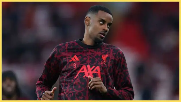 Alexander Isak of Liverpool warms up prior to the UEFA Champions League 2025/26 Quarter-Final Second Leg match between Liverpool FC and Paris Saint-Germain FC at Anfield
