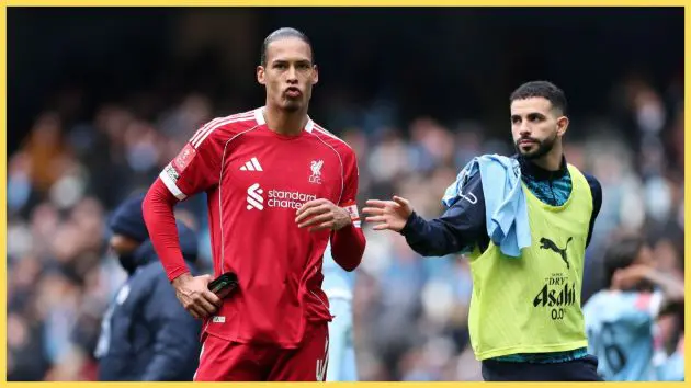 Virgil van Dijk of Liverpool reacts at full time following defeat during the Emirates FA Cup Quarter Final match between Manchester City and Liverpool at Etihad Stadium