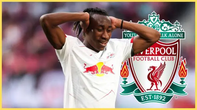 Yan Diomande puts his hands on his head next to Liverpool club crest.