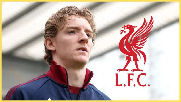 Anthony Gordon looks on next to Liverpool club crest.