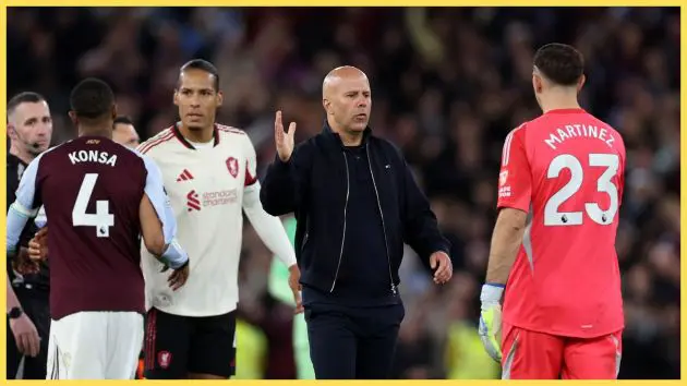 Liverpool head coach Arne Slot shakes hands with Emi Martinez.