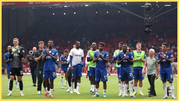 Players of Chelsea acknowledge the fans following the Premier League match between Liverpool and Chelsea at Anfield