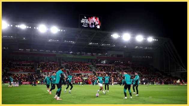 General view as players of Liverpool warm up prior to the Premier League match between Brentford and Liverpool at Gtech Community Stadium