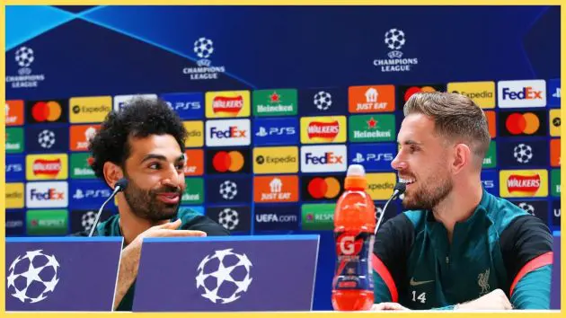 Mohamed Salah and Jordan Henderson of Liverpool speaksin a press conference at AXA Training Centre on May 25, 2022 in Kirkby