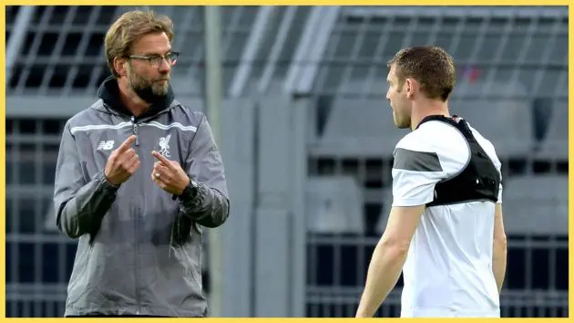 Jurgen Klopp and James Millner attend the Liverpool training session prior to the UEFA Europa League match between Borussia Dortmund and Liverpool at Signal Iduna Park