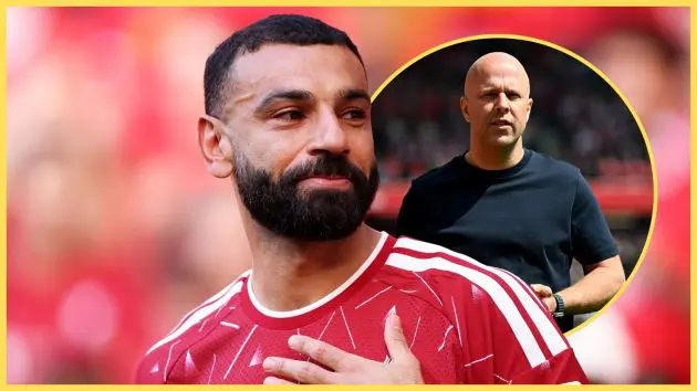 Liverpool winger Mo Salah holds his chest next to Arne Slot.
