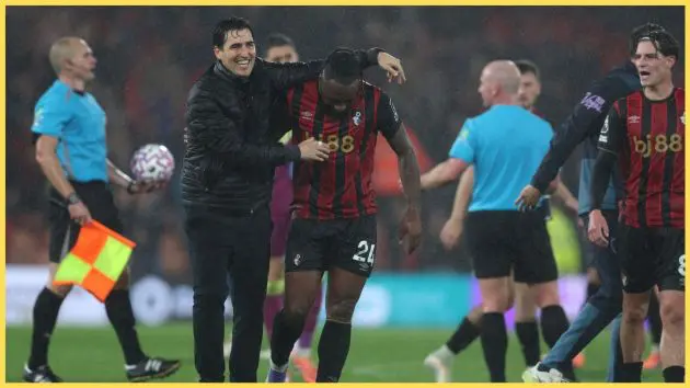 Andoni Iraola and Antoine Semenyo revel in a victory for Bournemouth last year