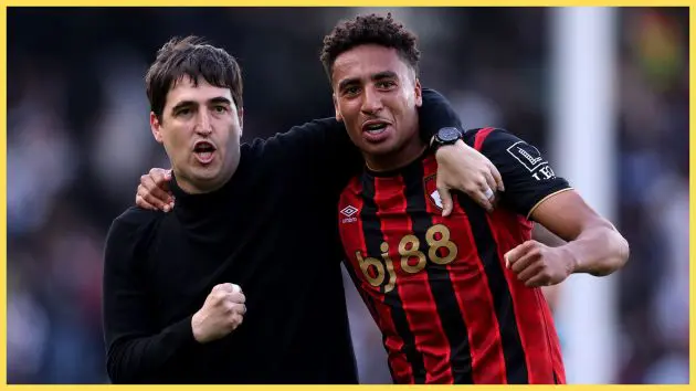 Incoming Liverpool manager Andoni Iraola celebrates with Bournemouth player.