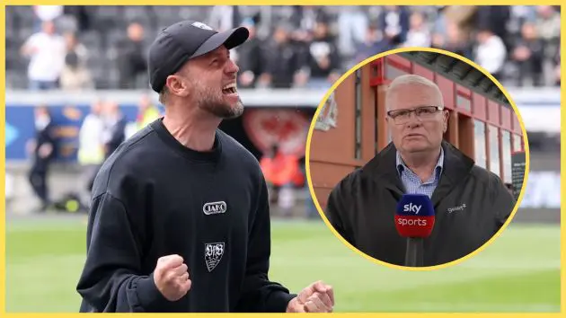 Liverpool-linked manager Sebastian Hoeness pumps his fists in celebration next to Sky Sports journalist.