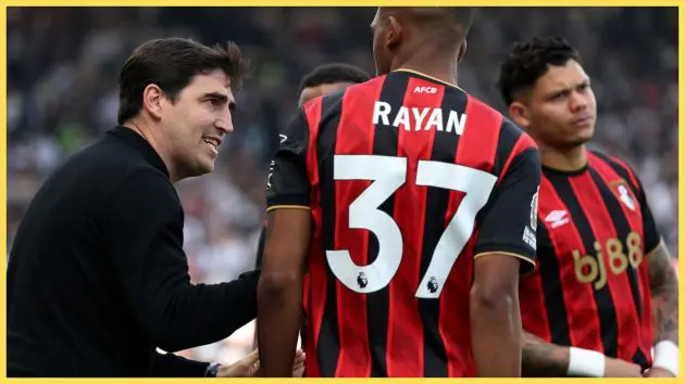 Liverpool manager Andoni Iraola speaks to Bournemouth star Rayan.