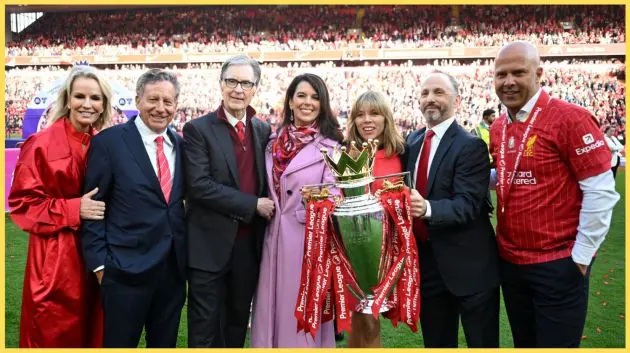 Arne Slot poses with senior FSG figures after Liverpool won the Premier League in 2025