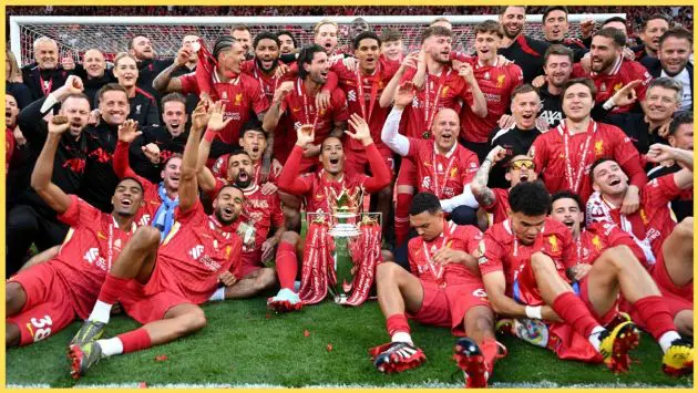 Liverpool players celebrate winning the Premier League in 2025