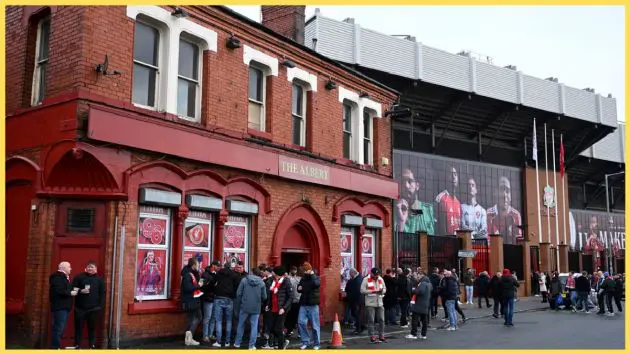 Liverpool fans gather outside The Albert on matchday