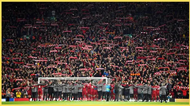 Liverpool players join their fans in singing You'll Never Walk Alone after their epic win over Barcelona in 2019