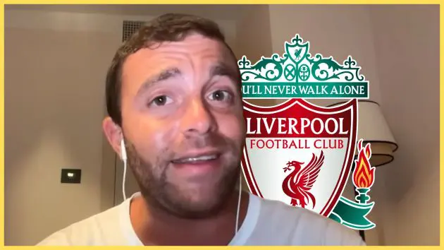 Transfer news expert Fabrizio Romano talks in front of Liverpool club crest.