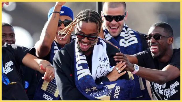 Liverpool transfer target Bradley Barcola celebrates with PSG teammates.