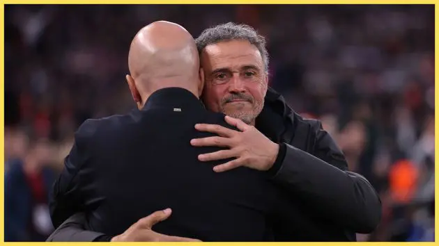 PSG boss Luis Enrique hugs former Liverpool manager Arne Slot.