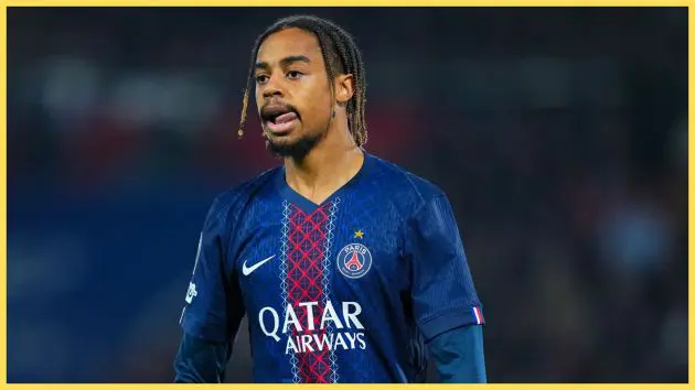 Liverpool target Bradley Barcola licks his lips during PSG game.