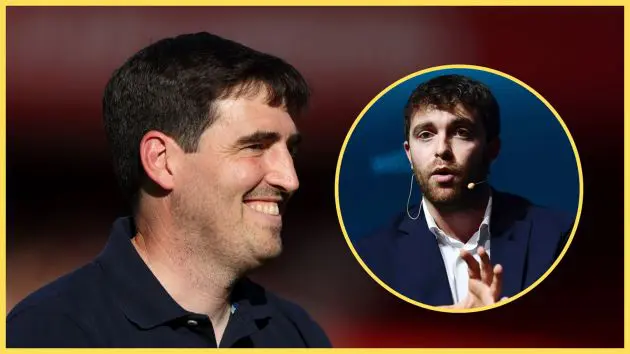Liverpool manager Andoni Iraola smiles at transfer news expert Fabrizio Romano.