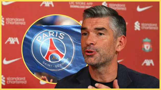 Liverpool sporting director Richard Hughes speaks next to PSG flag.
