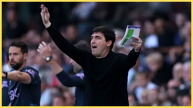 Liverpool manager Andoni Iraola gestures from the touchline.