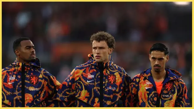 Ryan Gravenberch, Mats Wieffer and Tijjani Reijnders line up before a Netherlands match