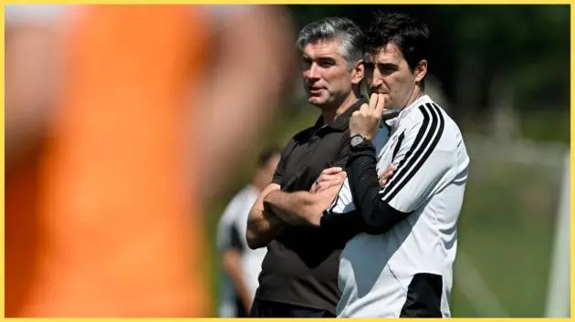Richard Hughes and Andoni Iraola watch on at a Liverpool training session