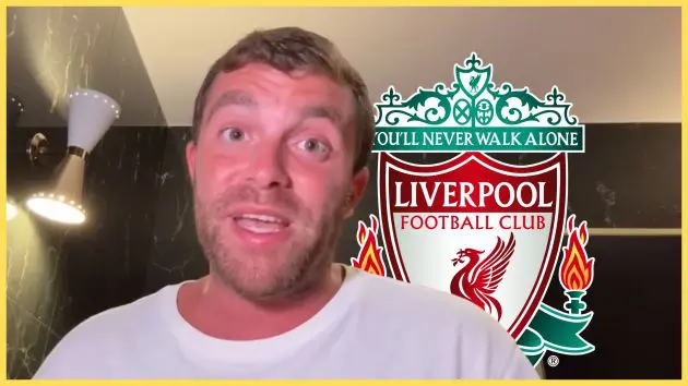 Transfer news expert Fabrizio Romano speaks in hotel room next to Liverpool club badge.