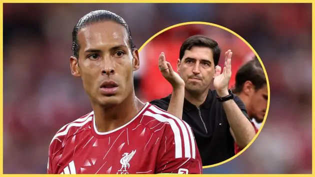 A sweating Virgil van Dijk looks on as Liverpool manager Andoni Iraola claps his hands in the background.