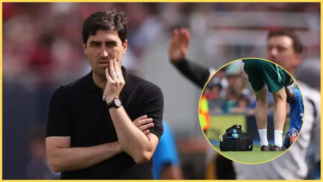 Andoni Iraola wears a concerned expression. Inset, Yankuba Minteh is treated for an injury.