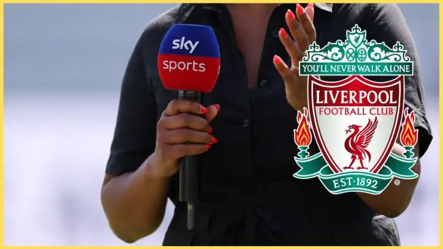 A Sky Sports reporter talks into a microphone, with the Liverpool crest in the foreground