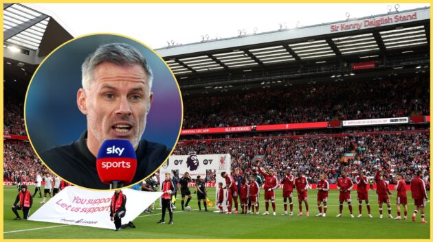 Liverpool players pictured before kick-off at Anfield, with Jamie Carragher inset