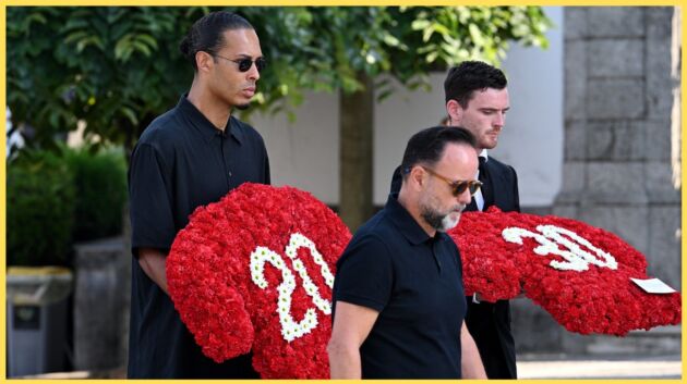 Virgil van Dijk and Andy Robertson carry floral tributes at the funeral service for Diogo Jota and Andre Silva